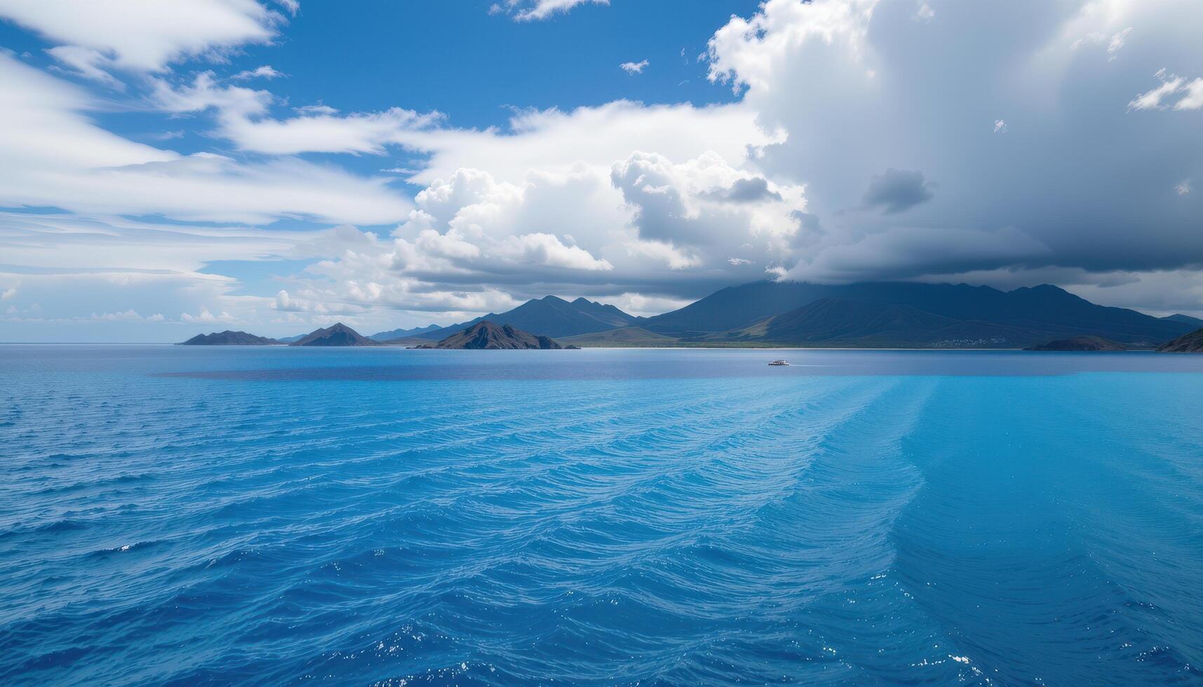 Blue ocean waves with distant islands and cloudy sky A boat's wake is visible on the water's surface photo