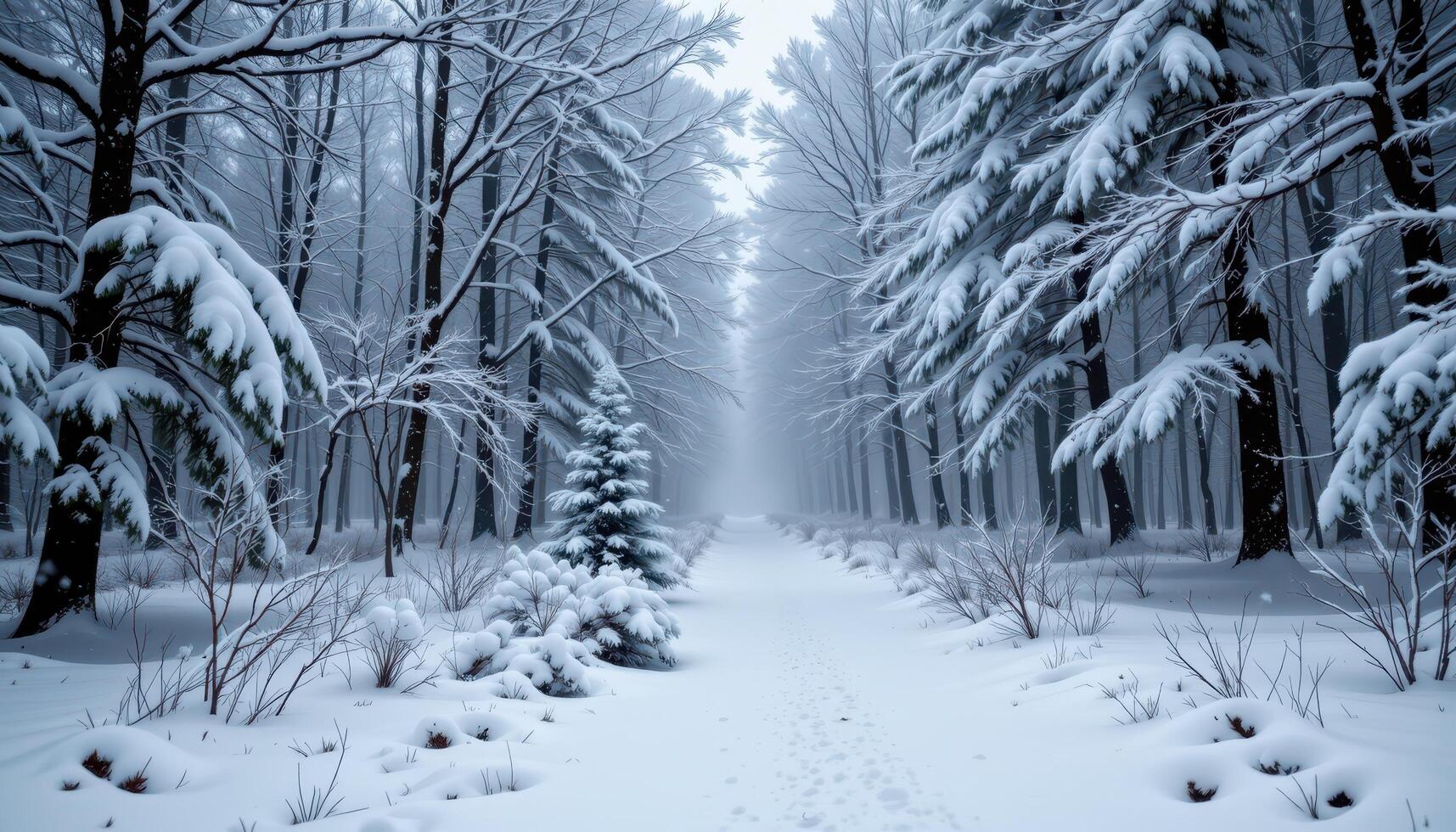 Snow covered path through a winter forest trees and ground blanketed in snow photo