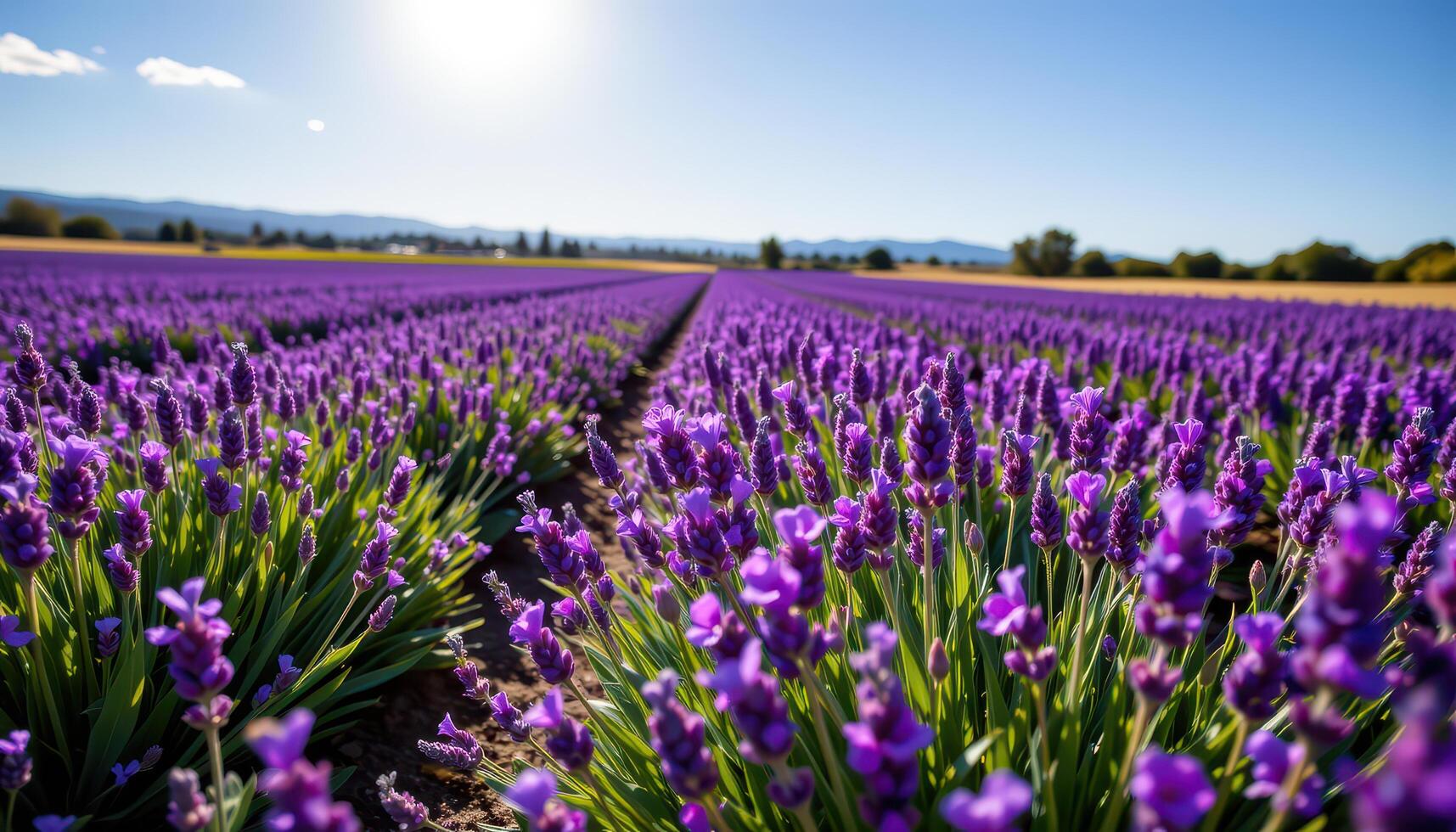 Vibrant purple lavender field under a sunny sky Rows of blooming lavender plants stretch to the horizon photo