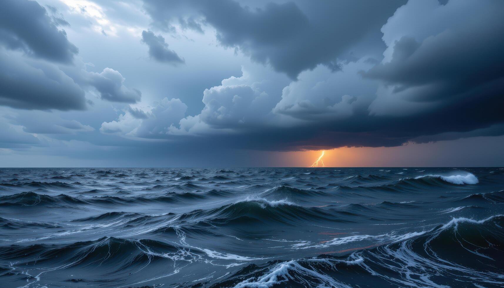 Dramatic ocean waves under a stormy sky with lightning nature weather sea photo