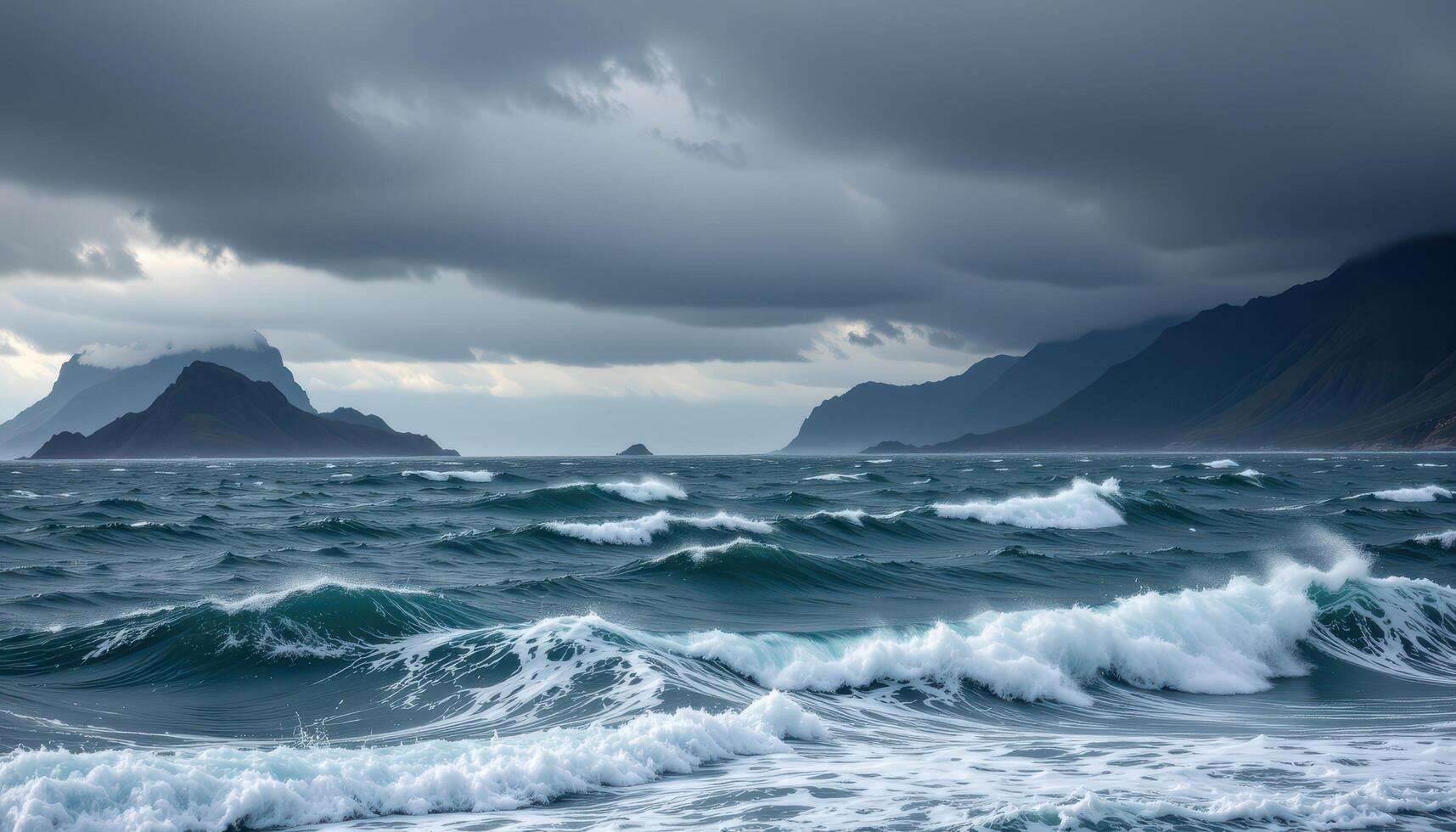 Dramatic ocean waves crashing against a mountainous coastline under a stormy sky photo