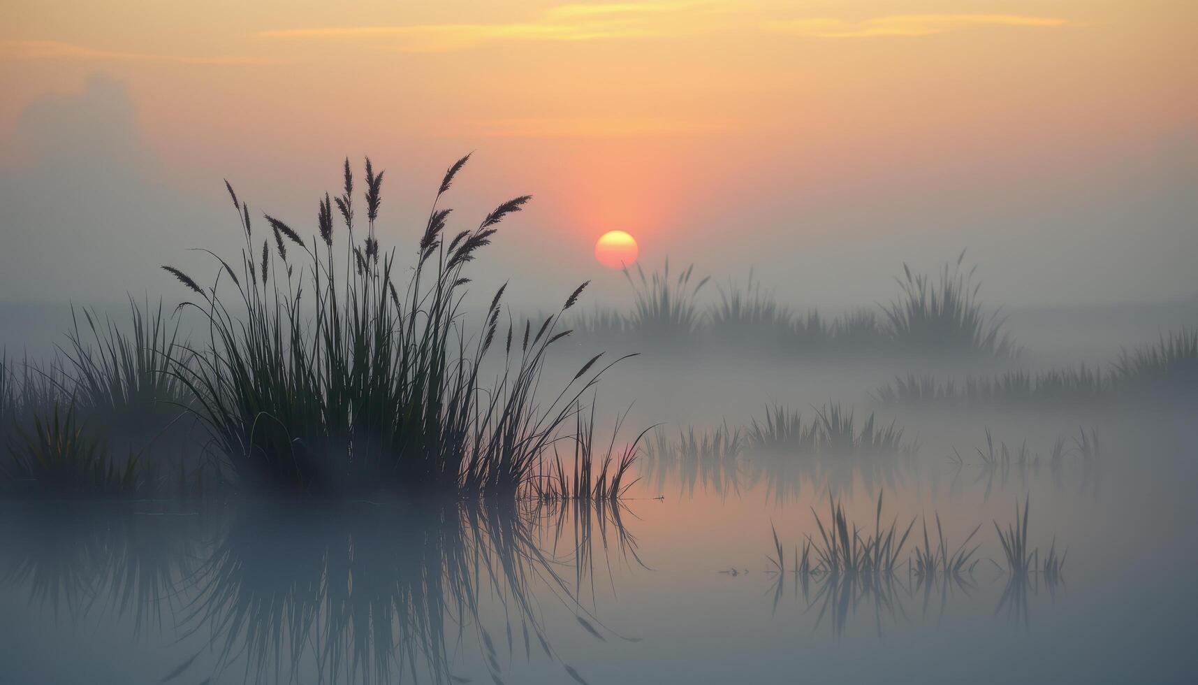 Misty sunrise over calm water tall grasses reflected soft pastel colors photo