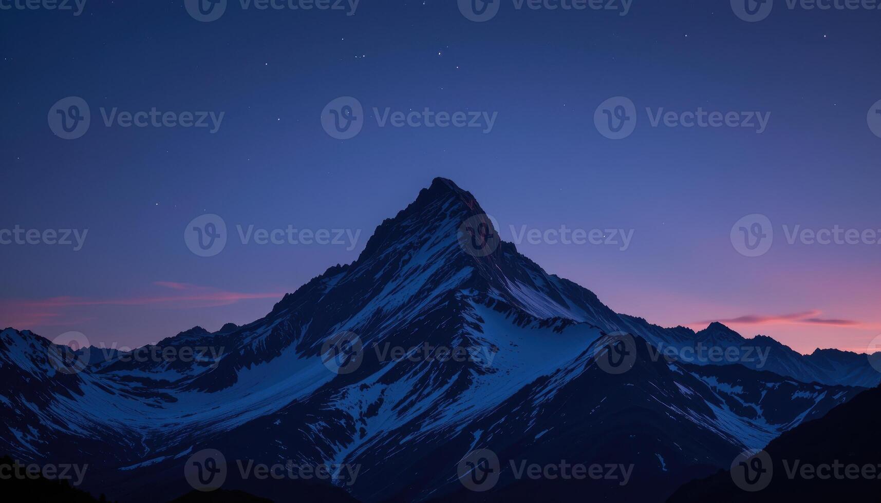 Majestic Mountain Peak at Twilight under Starry Sky with Snowy Slopes and Vibrant Colors photo