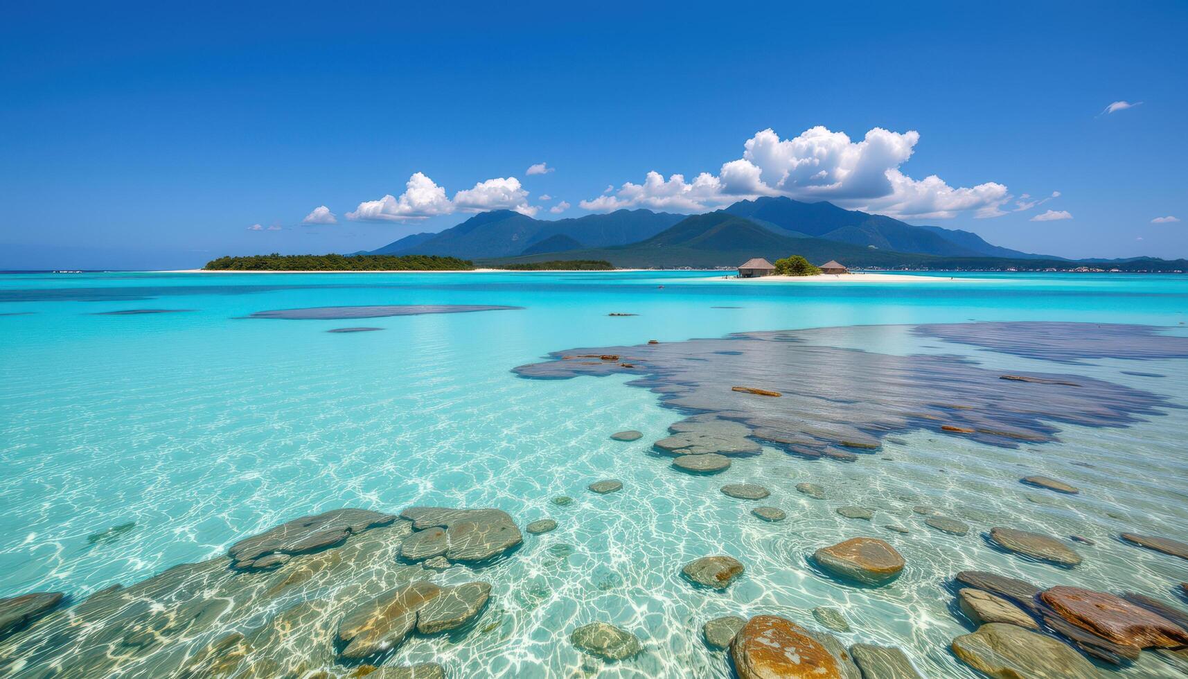 Tropical beach scene Clear turquoise water visible rocks small island with huts and mountains under a blue sky photo