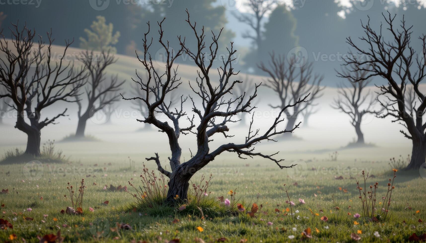 Foggy Morning in Autumn Landscape with Leafless Trees in a Mysterious Atmosphere photo