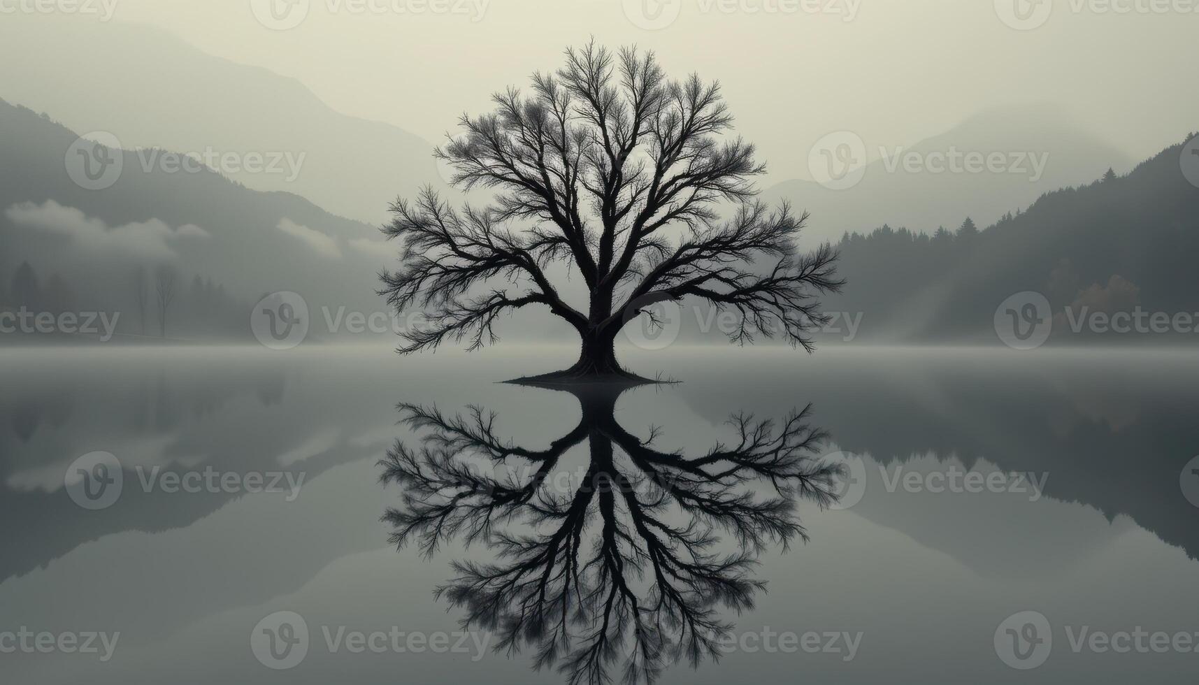 Serene Reflection of a Lonely Tree in a Misty Landscape at Dawn with Mountains photo