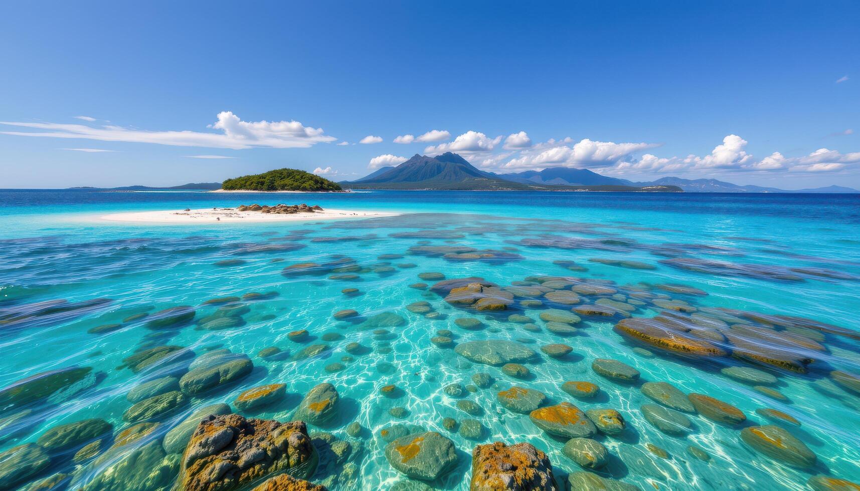 Tropical island beach with clear turquoise water visible underwater rocks and distant mountains under a sunny sky photo
