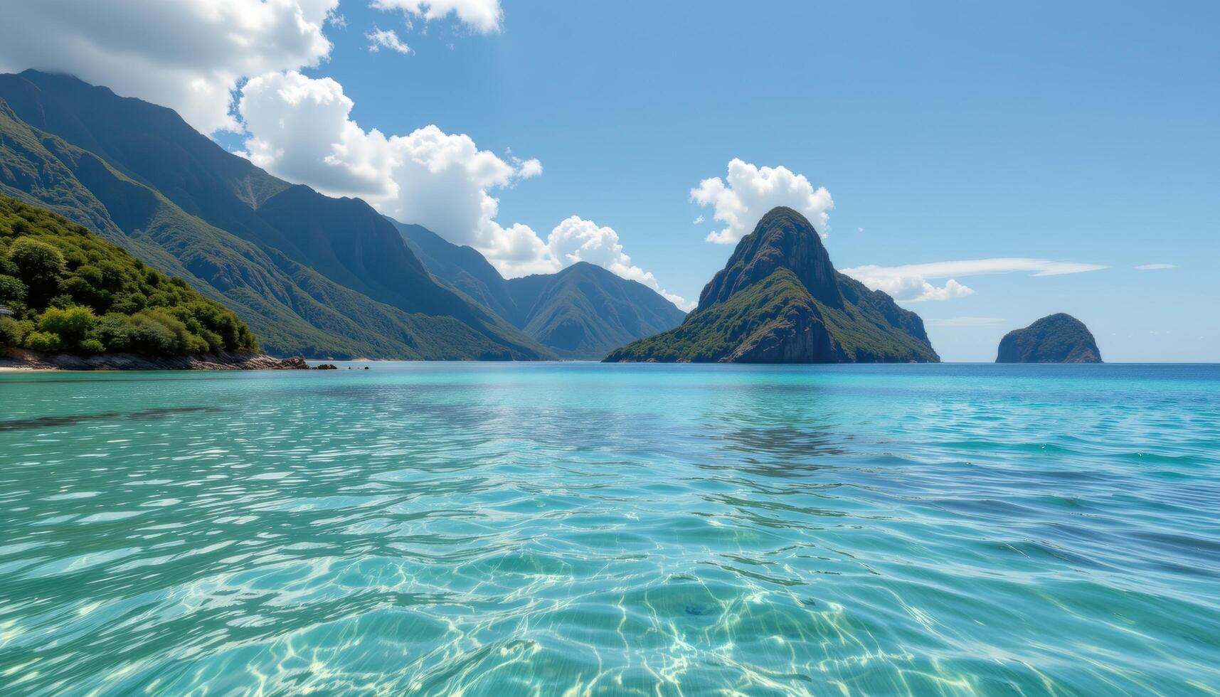 Tropical island seascape Clear turquoise water lush green mountains and a sunny sky photo