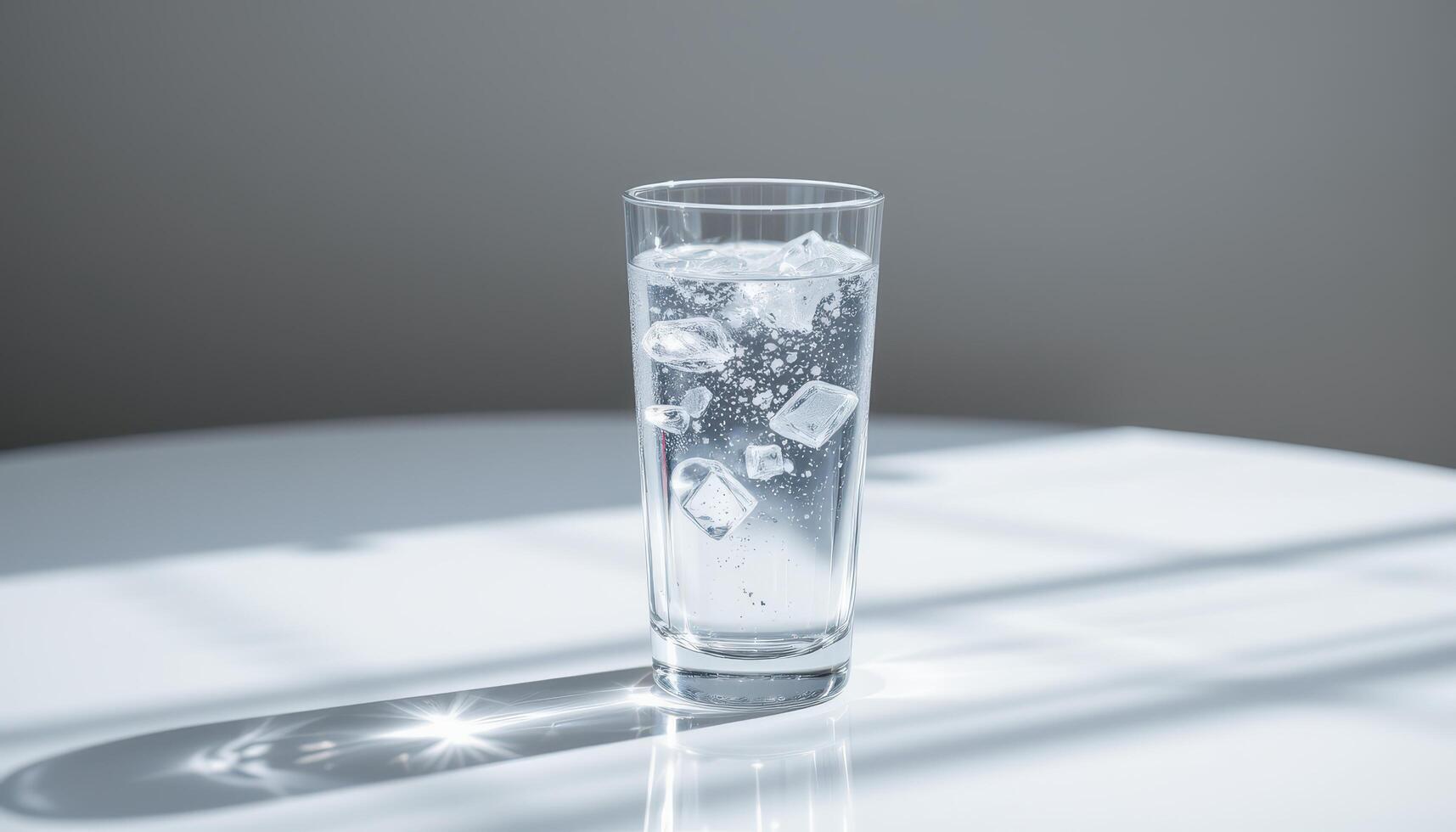 Refreshing Clear Glass of Sparkling Water with Ice Cubes on Bright Table Surface photo