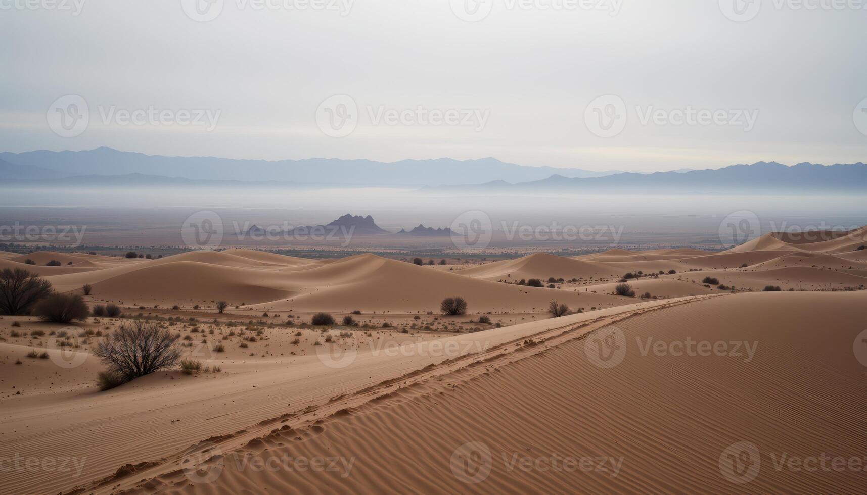 Serene Sand Dunes Under Cloudy Sky with Distant Mountains and Soft Light Over Desert Terrain photo
