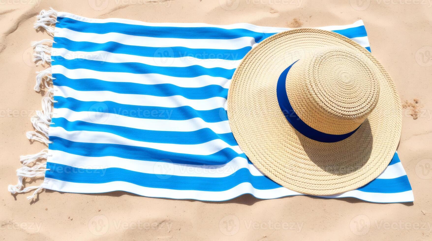 Straw hat and blue striped beach towel on a sandy beach. photo