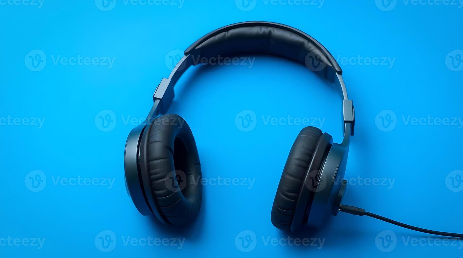 Headphones isolated on blue background. Top view with copy space. photo