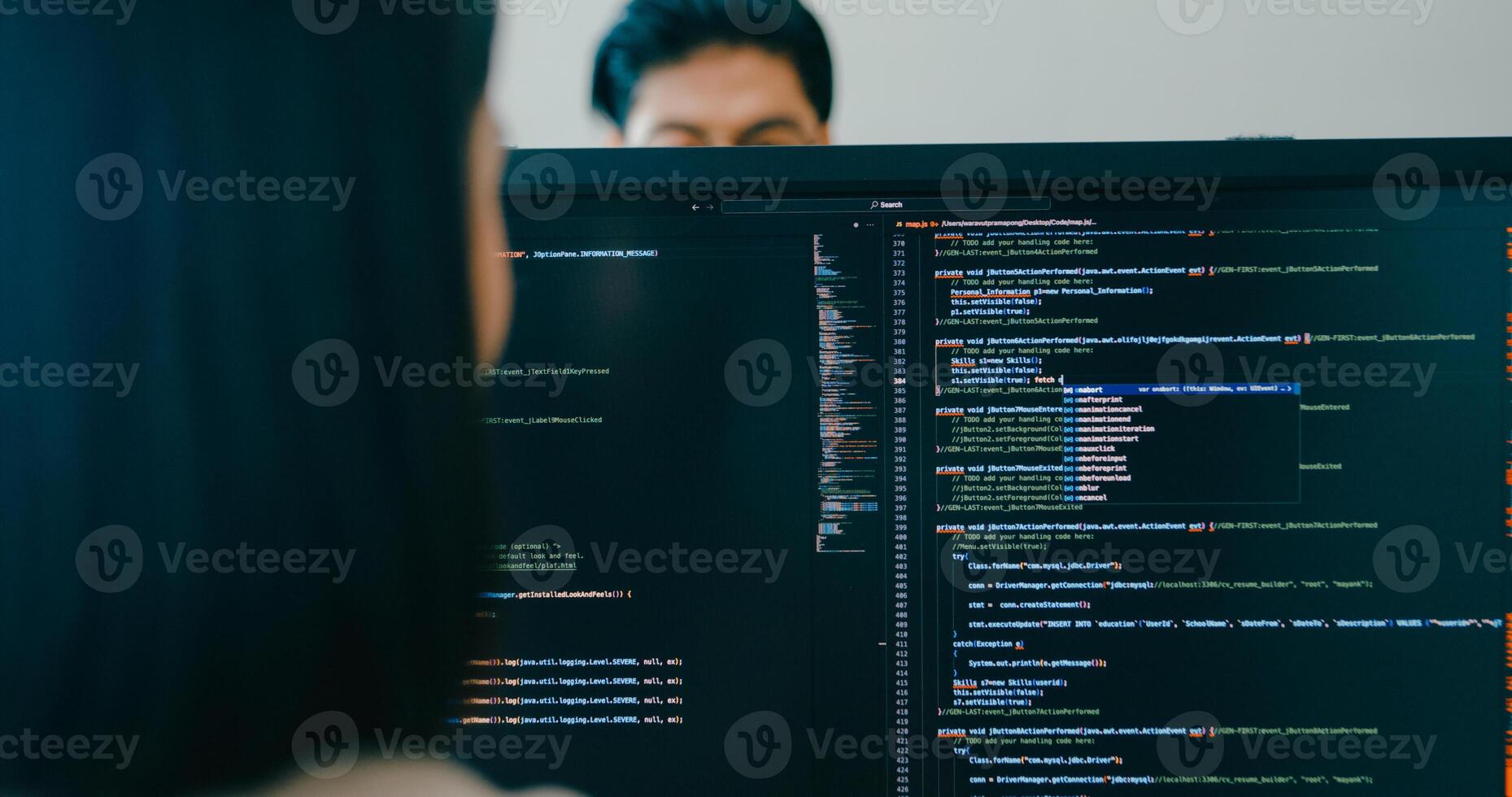 Closeup Adult Asia male, female freelance typing write prompt AI bot IT app smart program nomad, game, terminal with coding language, user interface, designer, big data center desktop computer photo