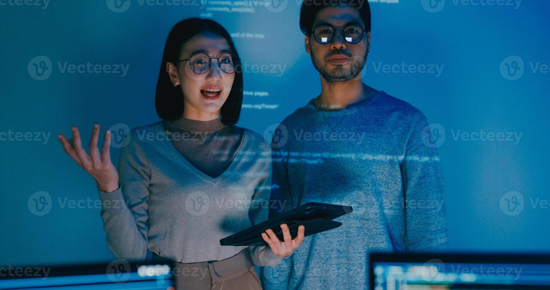 Group adult Asia male female software developers mentor leader manager talk strategy plan to executive write prompt AI bot IT app program nomad, game, data center. photo