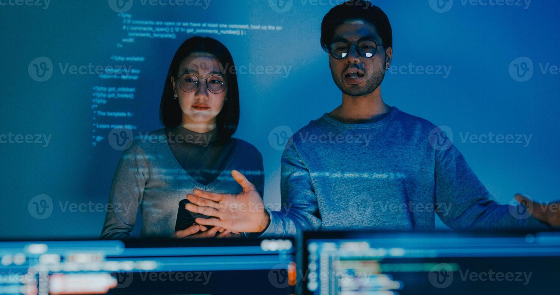 Group adult Asia male female software developers mentor leader manager talk strategy plan to executive write prompt AI bot IT app program nomad, game, data center. Projecting slideshow code. photo