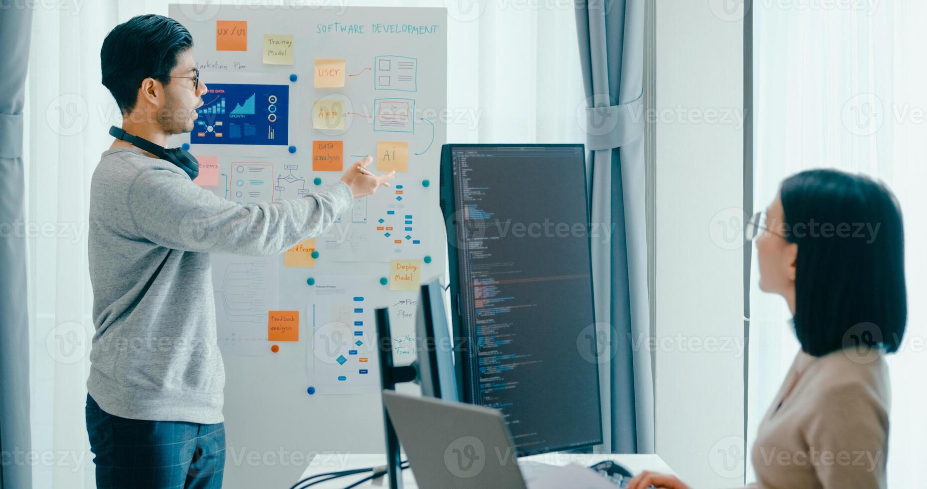 Group Asia male female software developers mentor leader manager talk strategy plan to executive write prompt AI bot IT app program nomad,, data center. Whiteboard slideshow code photo