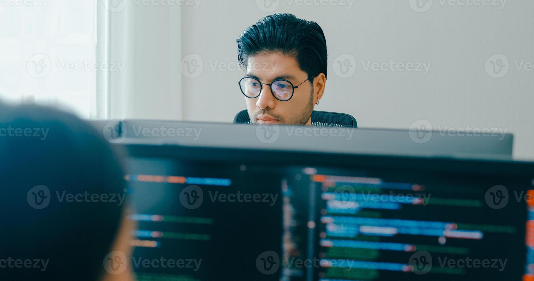 Group Adult Asia male, female freelance typing write prompt AI bot IT app smart program nomad, game, terminal with coding language, user interface, designer, data center desktop computer photo