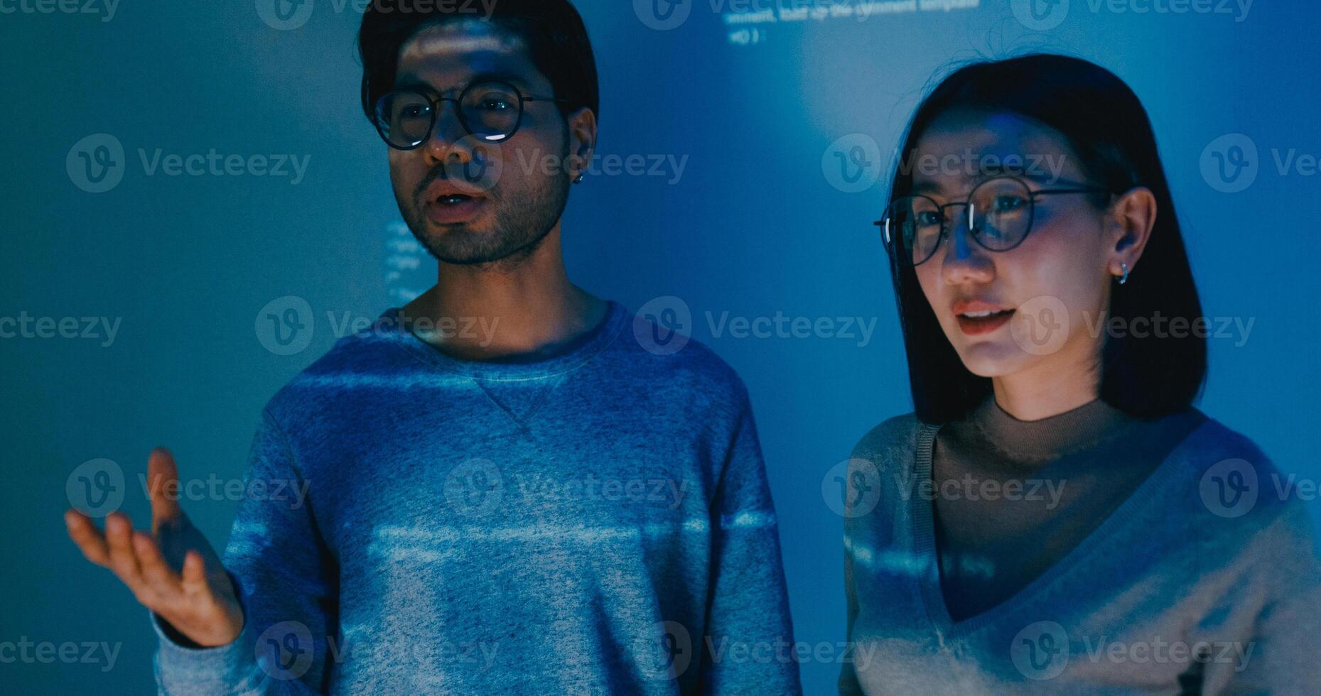 Group adult Asia male female software developers mentor leader manager talk strategy plan to executive write prompt AI bot IT app program nomad, data center. photo
