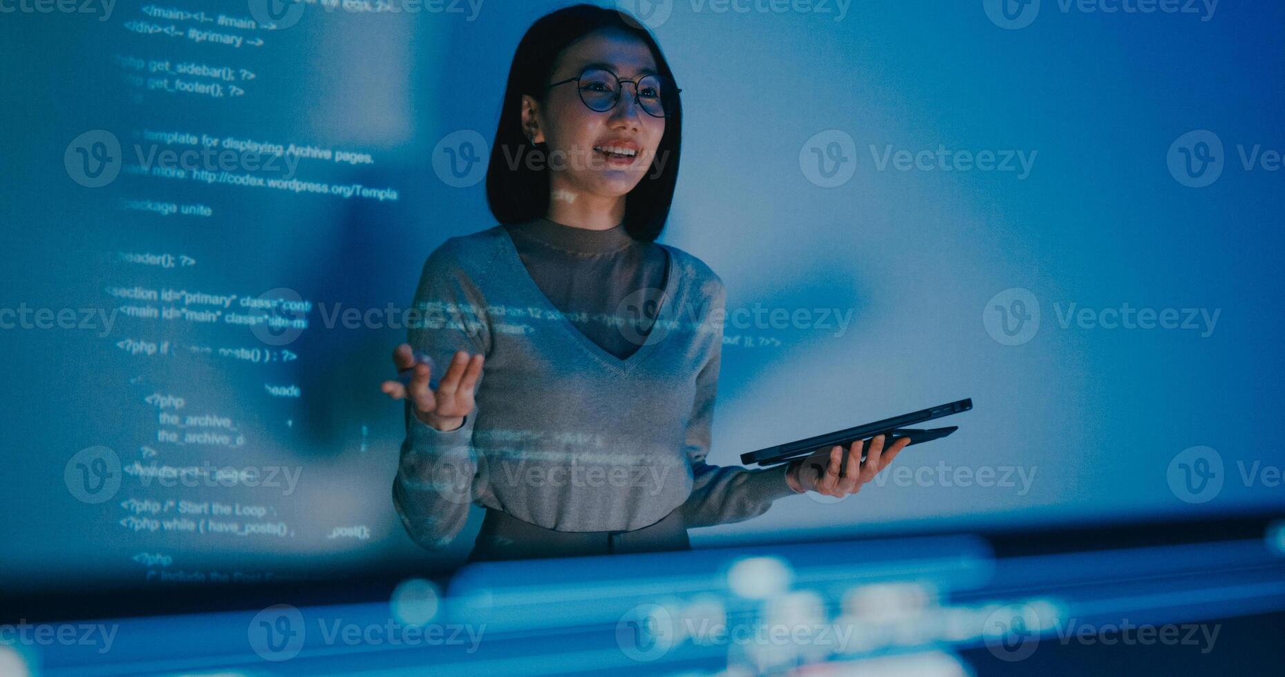 Group Asia female software developer mentor leader manager talk strategy plan to executive write prompt AI bot IT app program nomad, game, designer, data center. Projecting code photo