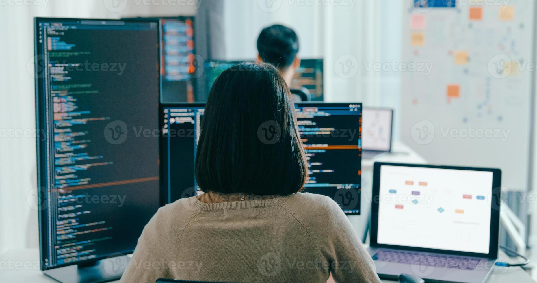 Asia male, female freelance typing write prompt AI bot IT app smart program nomad, game, terminal with coding language, user interface, designer, big data center on desktop computer. photo