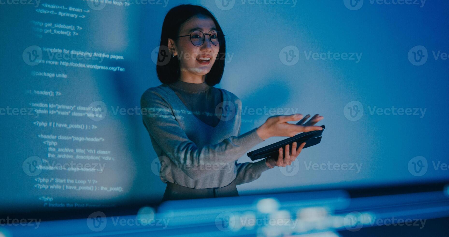 Group Asia female software developer mentor leader manager talk strategy plan to executive write prompt AI bot IT app program nomad, designer, data center. Projecting slidesho photo