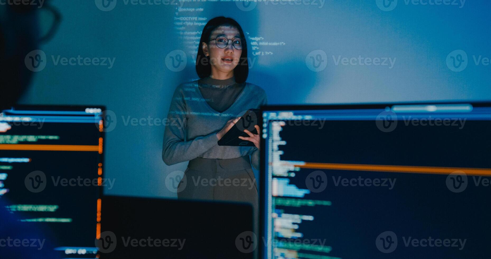 Group Asia female software developer mentor leader manager talk strategy plan to executive write prompt AI bot IT app program nomad, data center. Projecting slideshow code photo