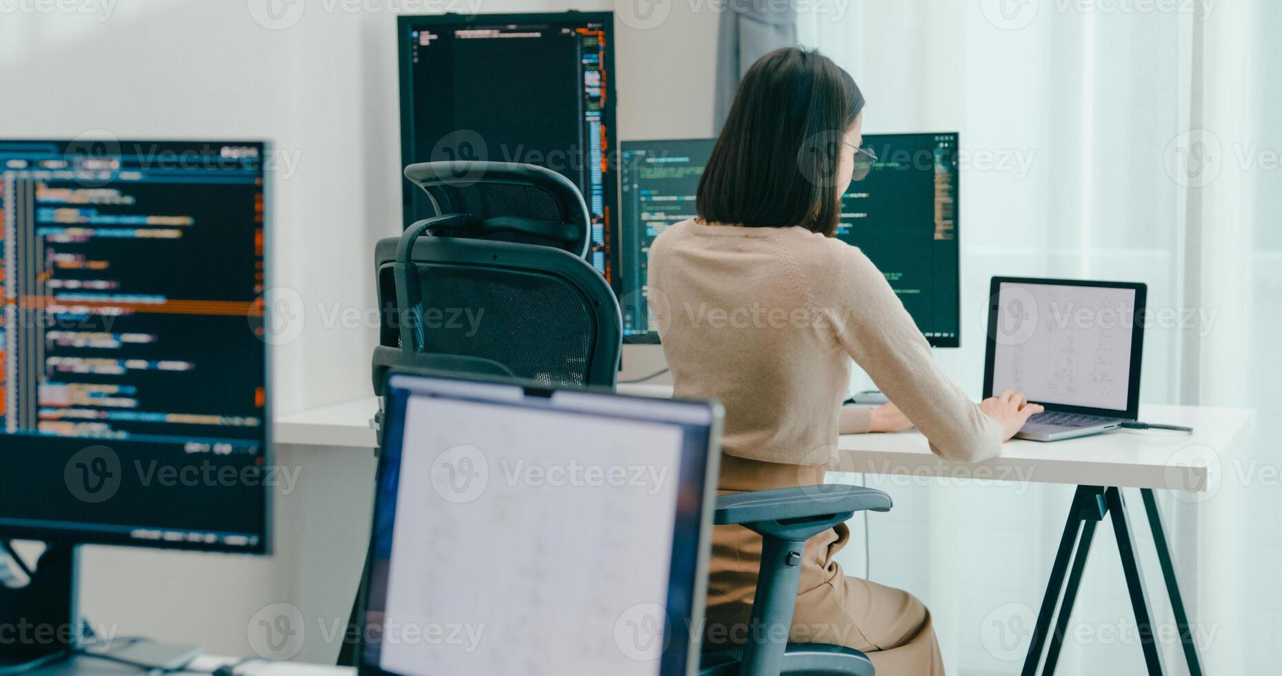 Adult female freelance typing write prompt AI bot IT app smart program nomad, game, terminal with coding language, user interface, designer, big data center on desktop computer. photo