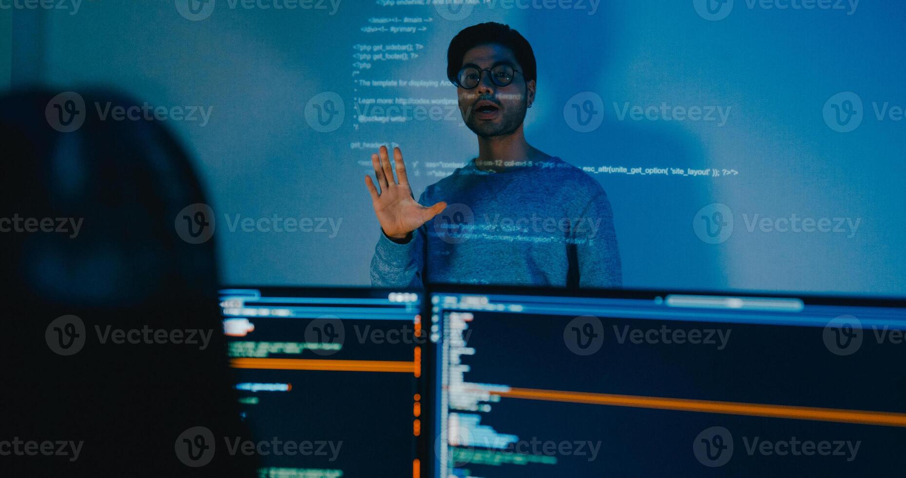 Group Asia male software developers mentor leader manager talk strategy plan to executive write prompt AI bot IT app program nomad, designer, data center. Projecting slideshow code photo