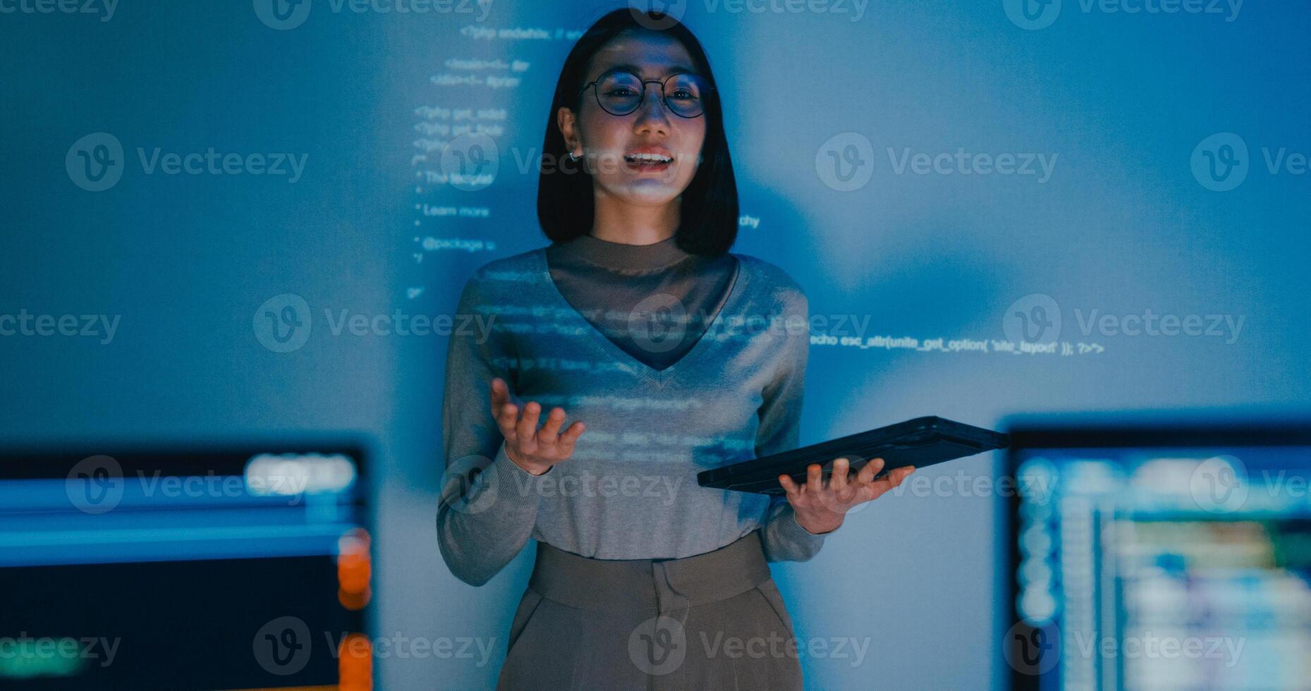 Asia female software developer mentor leader manager talk strategy plan to executive write prompt AI bot IT app program nomad, designer, data center. Projecting slideshow code photo