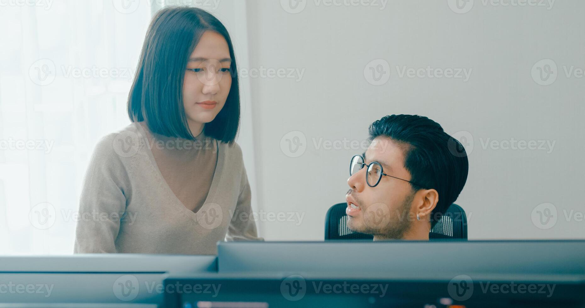 Group Adult Asia male, female freelance meeting write prompt AI bot IT app smart program nomad, game, talk strategy, discuss plan, user interface, designer, big data center on desktop computer photo