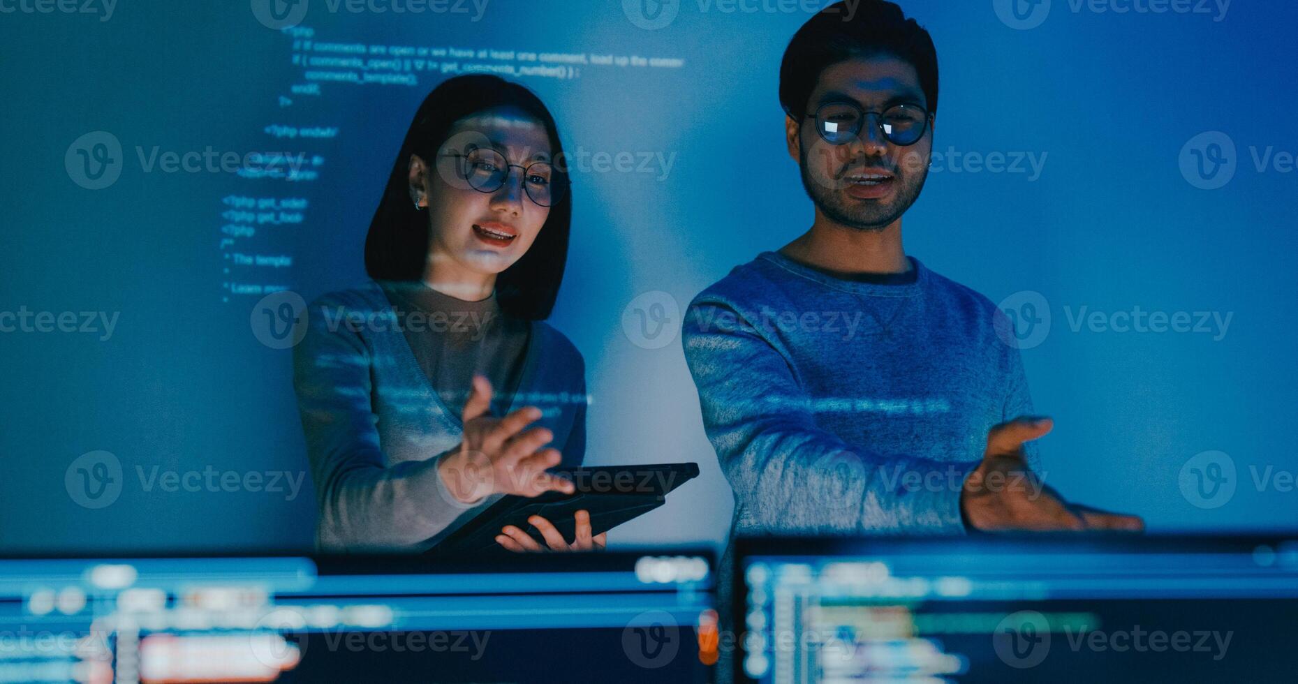 Group Asia male female software developers mentor leader manager talk strategy plan to executive write prompt AI bot IT app program nomad, game, data center. Projecting slideshow code. photo