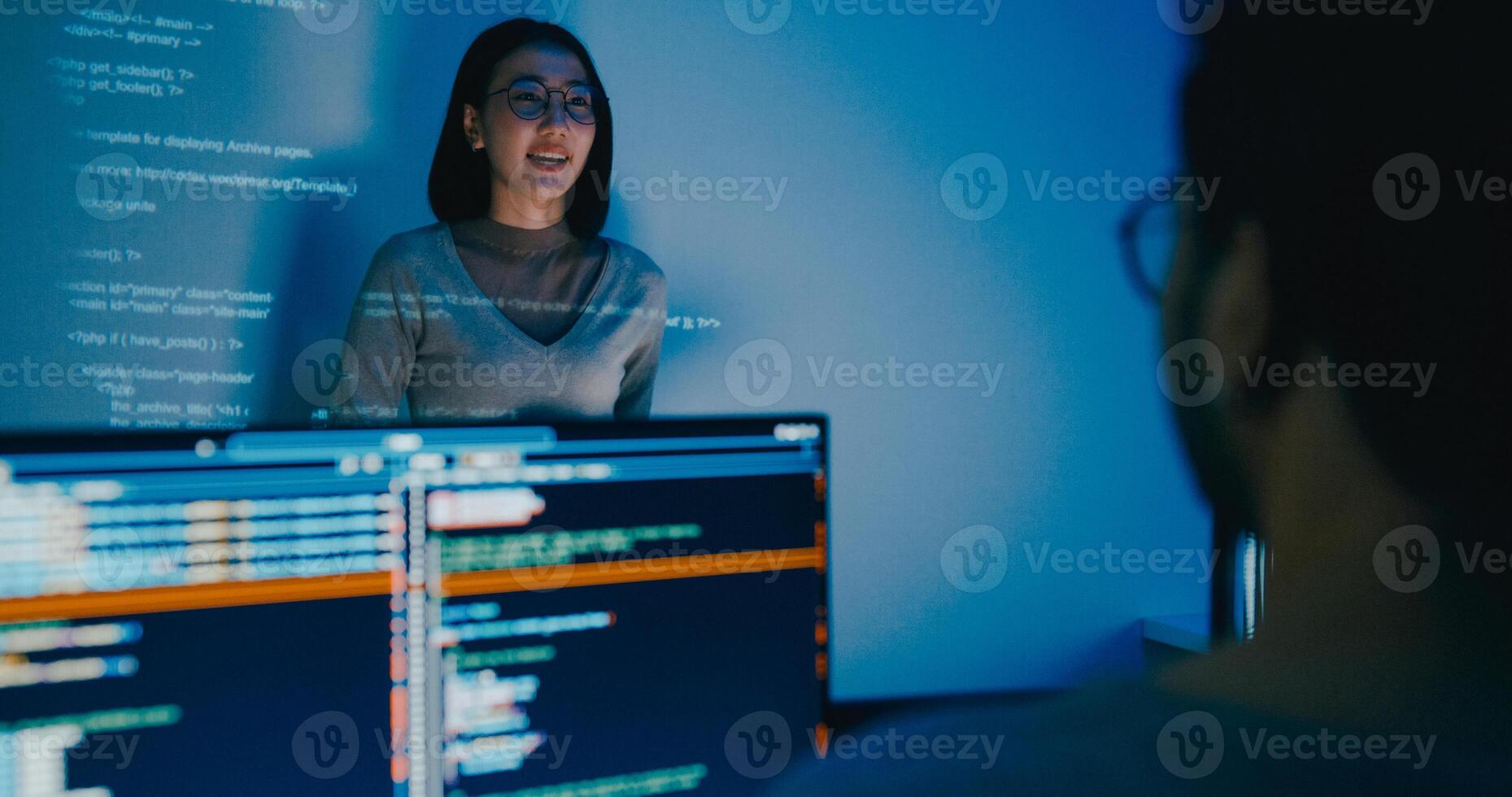 Group Asia female software developer mentor leader manager talk strategy plan to executive write prompt AI bot IT app program nomad, game, data center. Projecting slideshow code photo