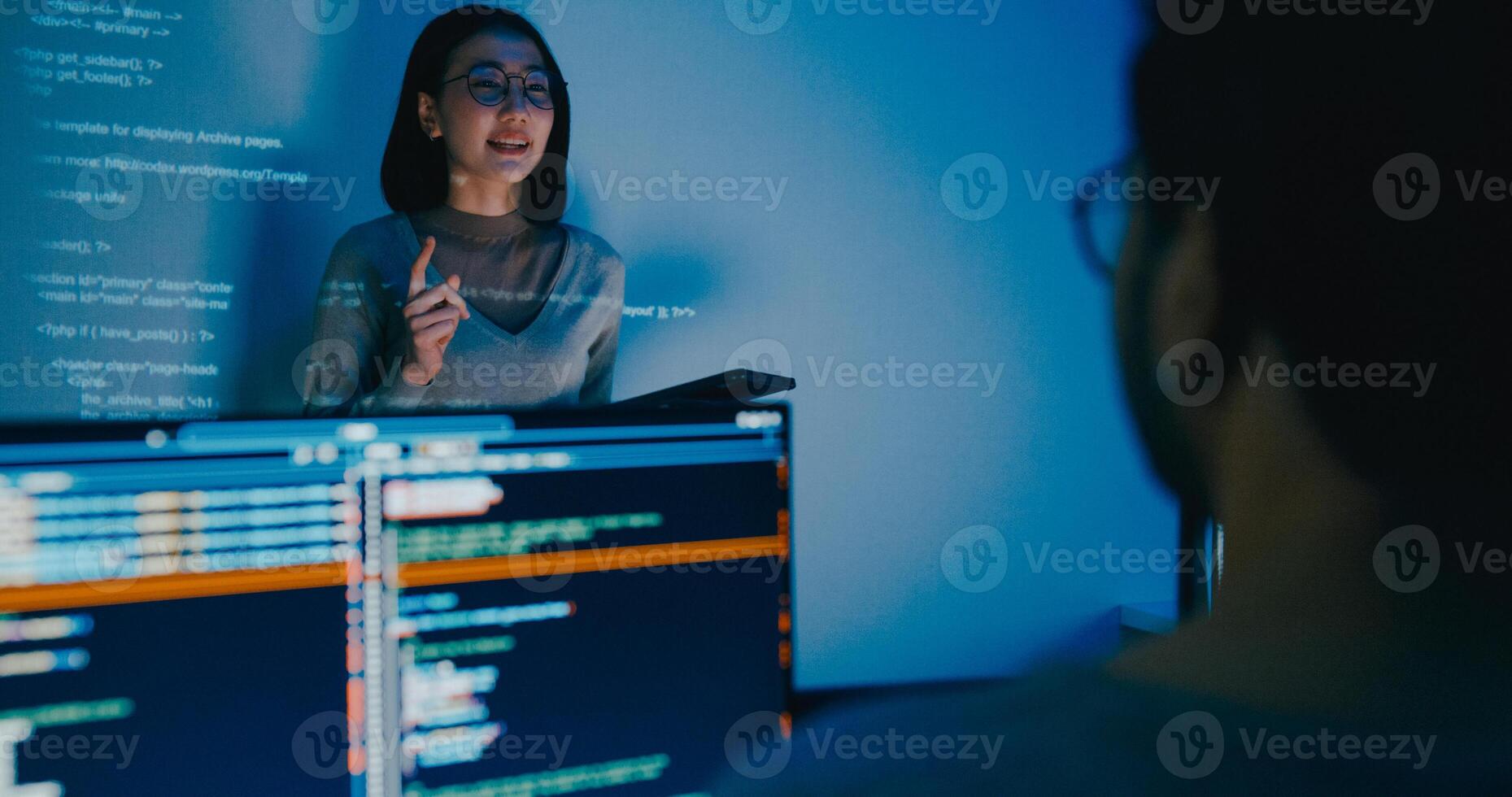 Group Asia female software developer mentor leader manager talk strategy plan to executive write prompt AI bot IT app program nomad, game, designer, data center. Projecting slideshow code. photo