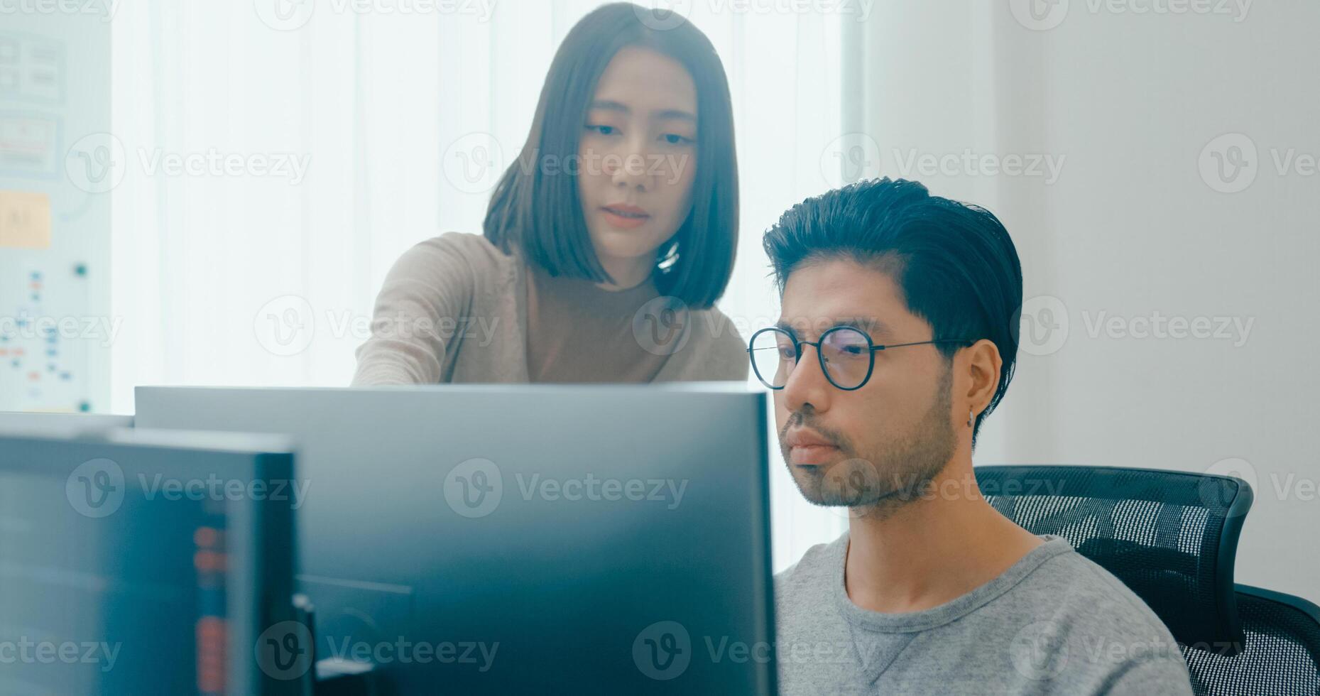 Group Adult male, female freelance meeting write prompt AI bot IT app smart program nomad, game, talk strategy, discuss plan, user interface, designer, big data center on desktop computer photo