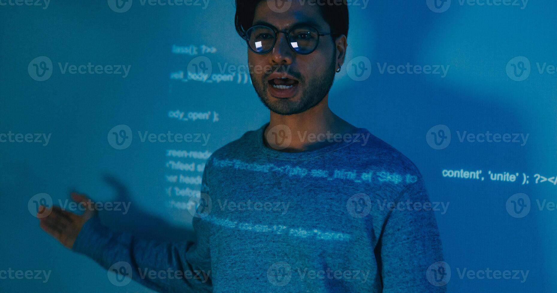 Asia male software developers mentor leader manager talk strategy plan to executive write prompt AI bot IT app program nomad, data center. Projecting slideshow code photo