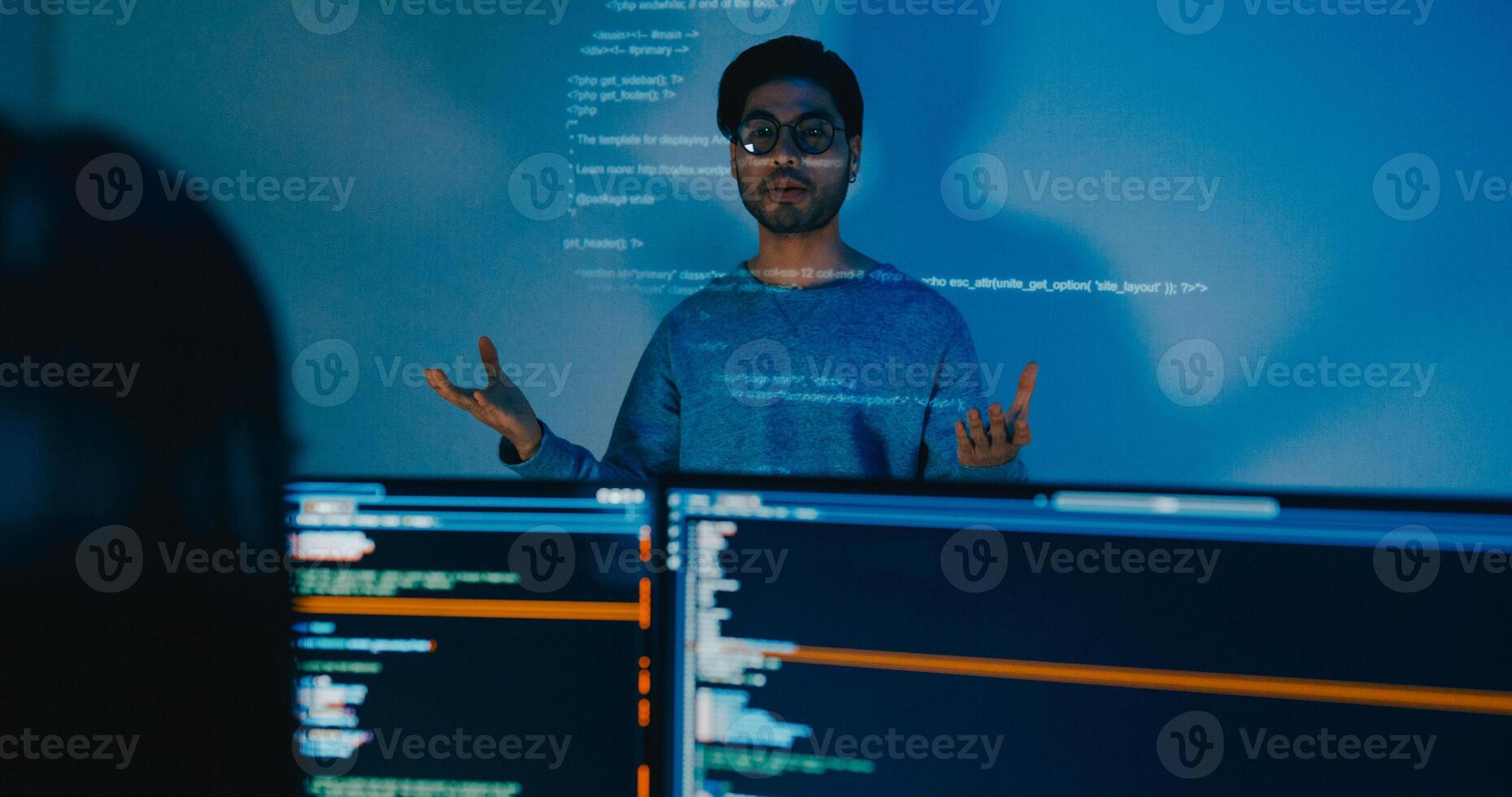 Group Asia male software developers mentor leader manager talk strategy plan to executive write prompt AI bot IT app program nomad, game, data center. Projecting slideshow code photo