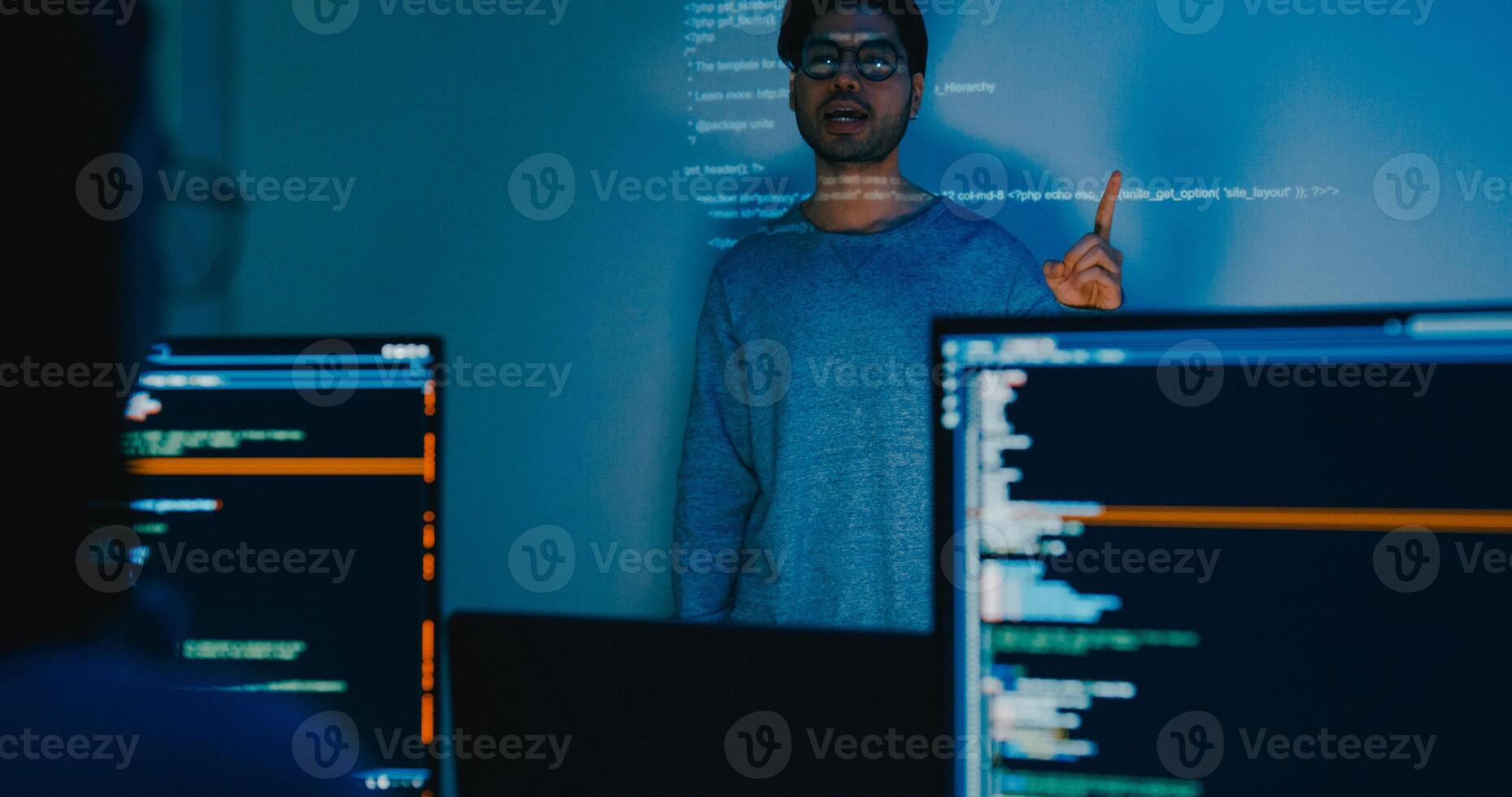 Asia male software developers mentor leader manager talk strategy plan to executive write prompt AI bot IT app program nomad, game, designer, data center. Projecting slideshow code photo