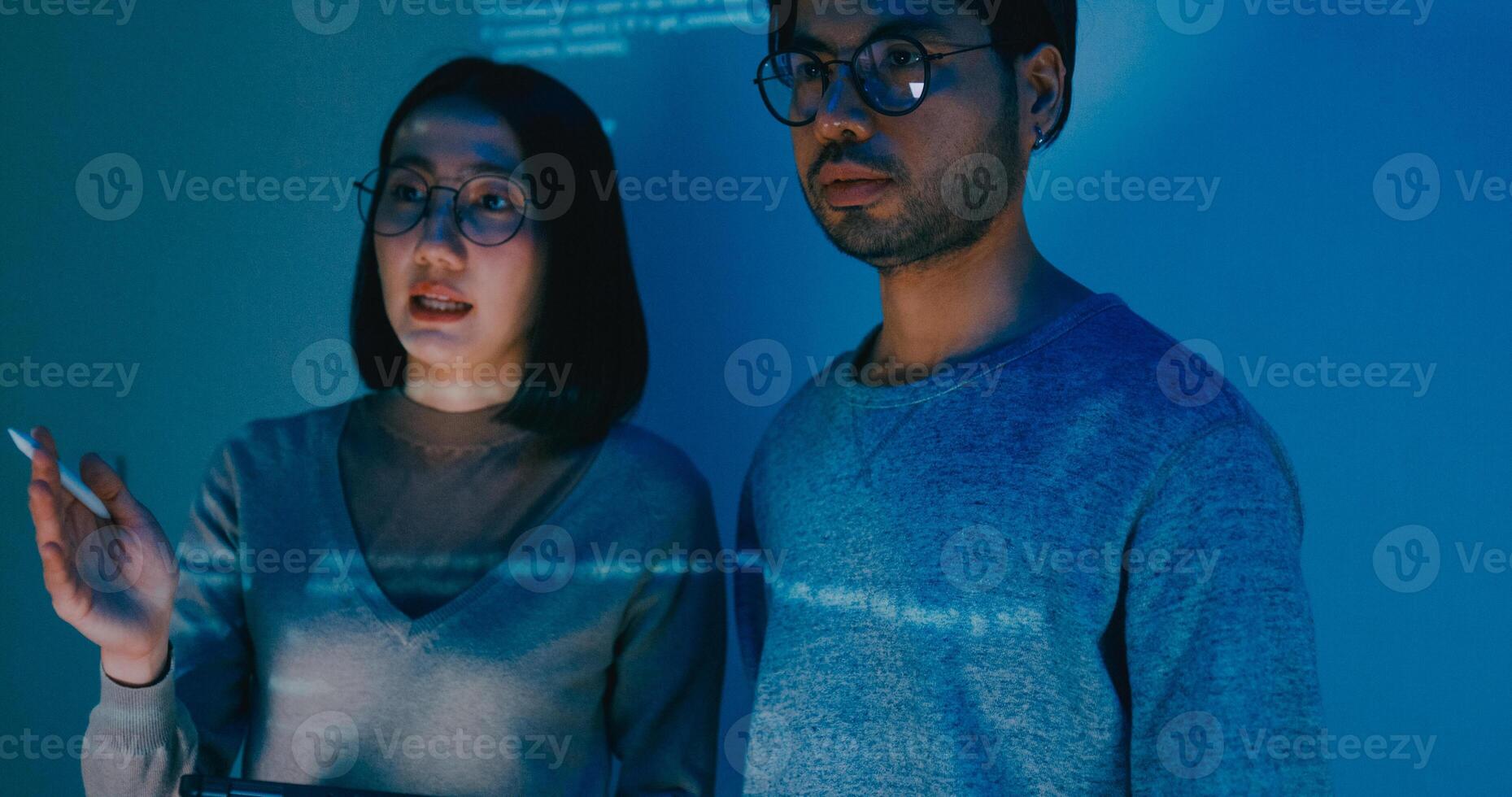 Group adult Asia male female software developers mentor leader manager talk strategy plan to executive write prompt AI bot IT app program, data center. Projecting slideshow code photo