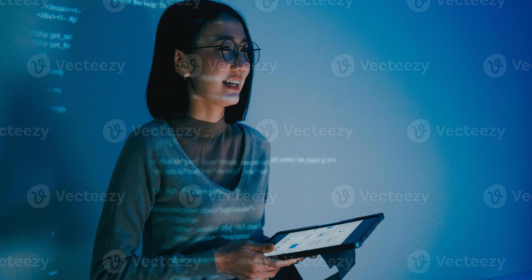 Group Asia female software developer mentor leader manager talk strategy plan to executive write prompt AI bot IT app program nomad, data center. Projecting slideshow code. photo