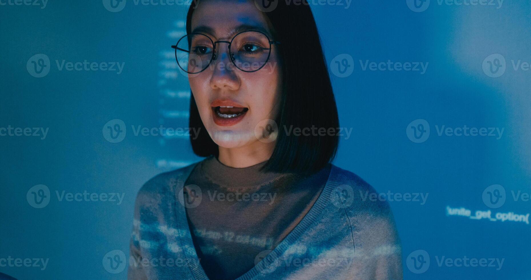 Asia female software developer mentor leader manager talk strategy plan to executive write prompt AI bot IT app program nomad, designer, data center. Projecting slideshow code. photo