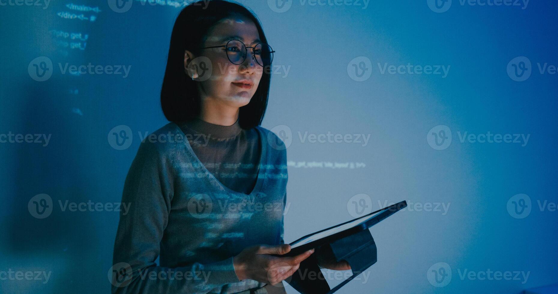 Asia female software developer mentor leader manager talk strategy plan to executive write prompt AI bot IT app program, data center. Projecting slideshow code photo