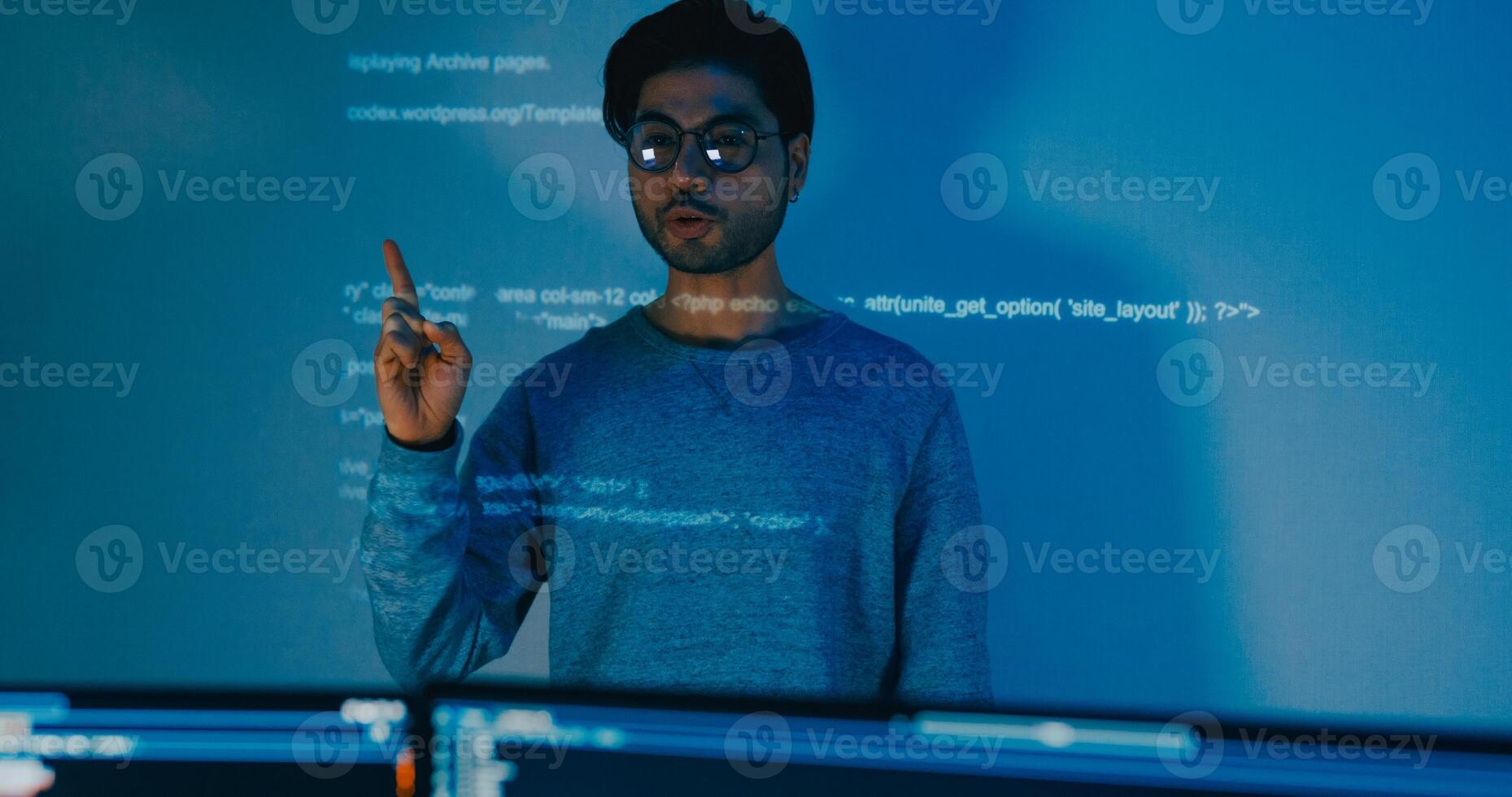 Asia male software developers mentor leader manager talk strategy plan to executive write prompt AI bot IT app program nomad, designer, data center. Projecting slideshow code photo