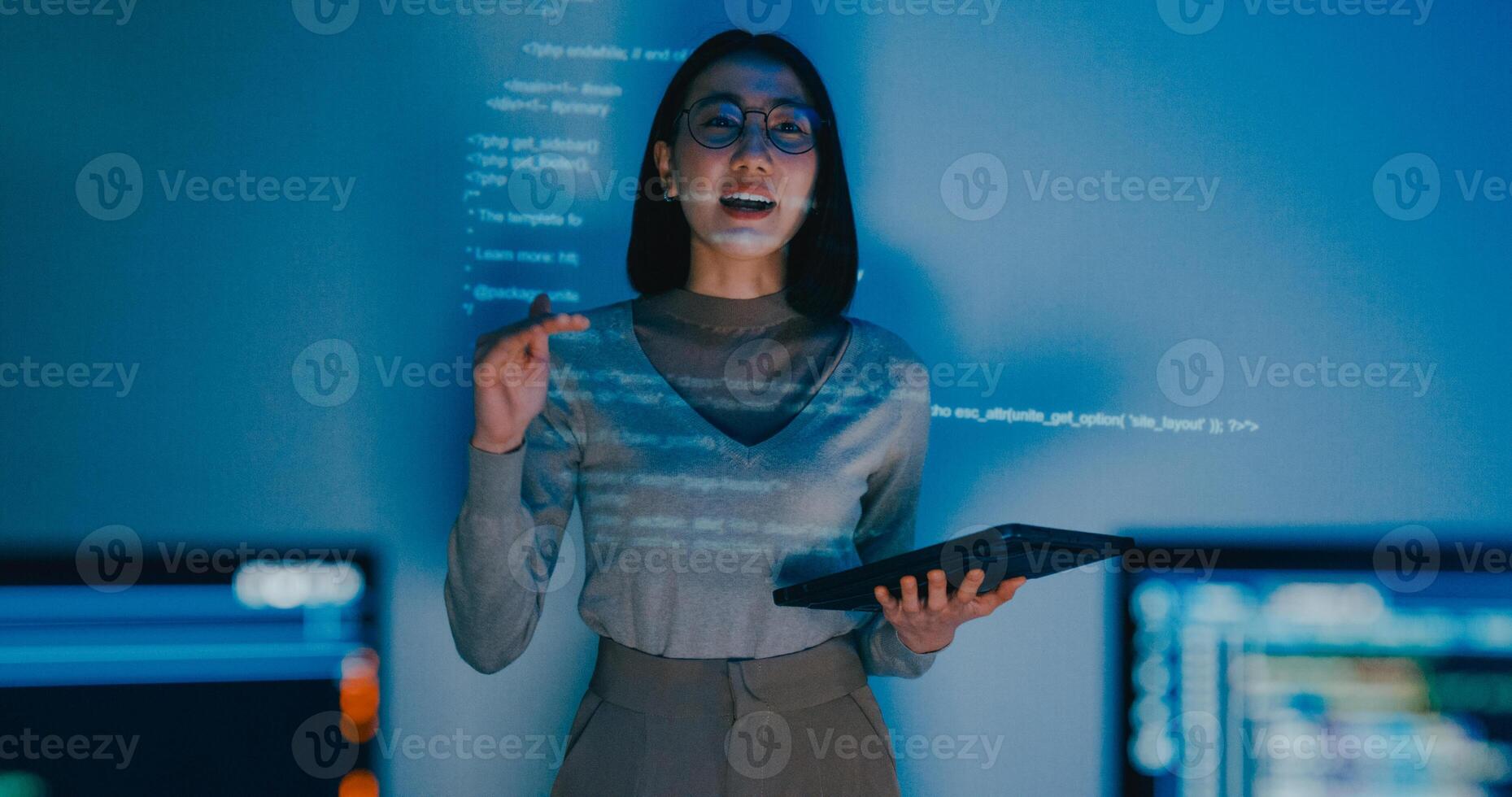 female software developer mentor leader manager talk strategy plan to executive write prompt AI bot IT app program, data center. Projecting slideshow code photo
