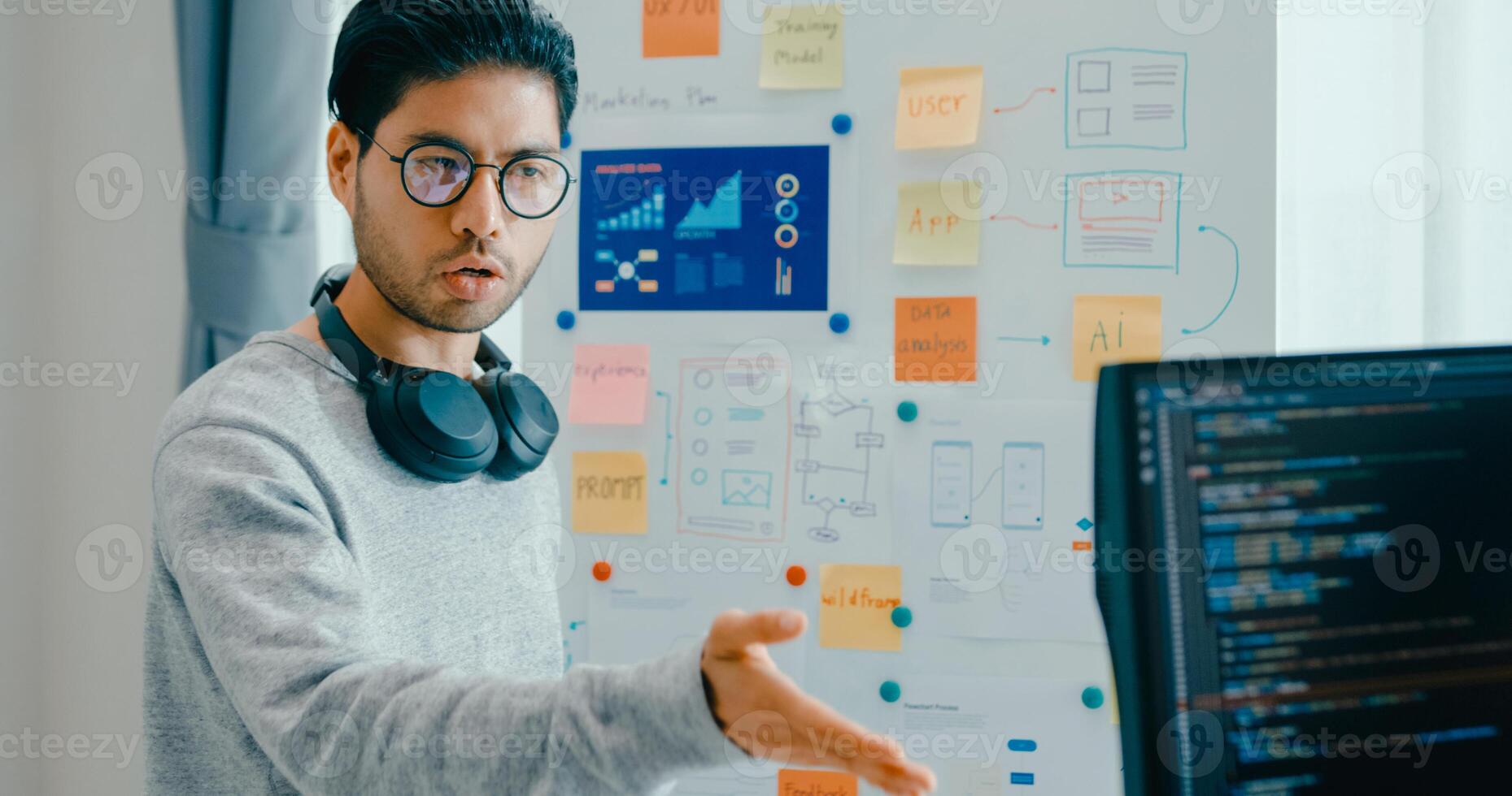 Asia male female software developers mentor leader manager talk strategy plan to executive write prompt AI bot IT app program nomad, game, data center. Whiteboard slideshow code photo