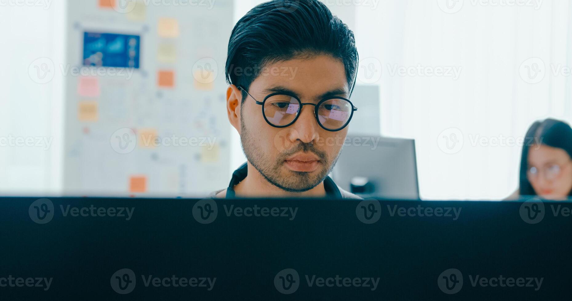 Group Adult male, female freelance typing write prompt AI bot IT app smart program nomad, game, terminal with coding language, user interface, designer, big data center on desktop computer. photo