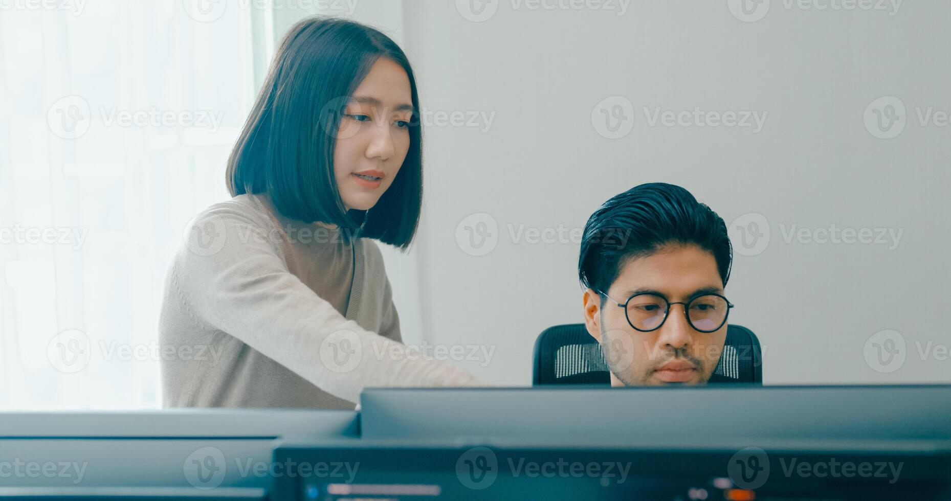 Adult Asia male, female freelance meeting write prompt AI bot IT app smart program nomad, game, talk strategy, discuss plan, user interface, designer, data center desktop computer. photo