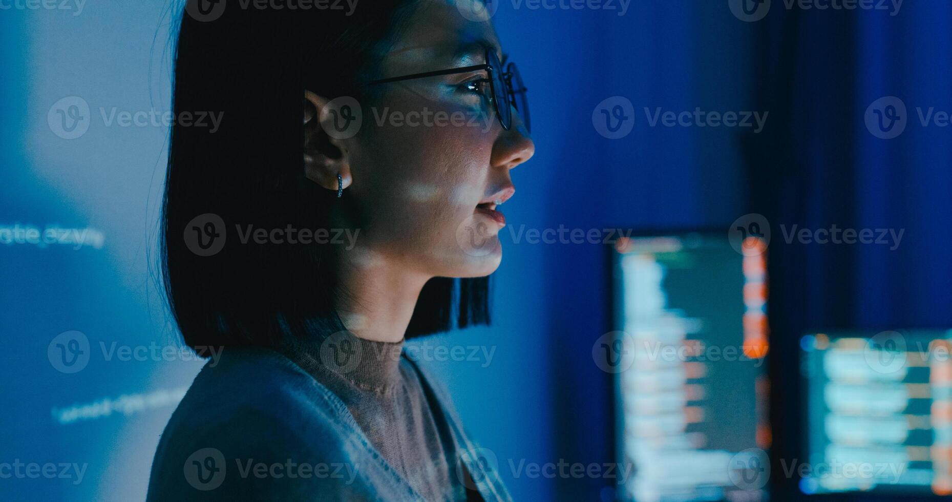 Asia female software developer leader manager talk strategy plan to executive write prompt AI bot IT app program nomad, data center. Projecting slideshow code photo