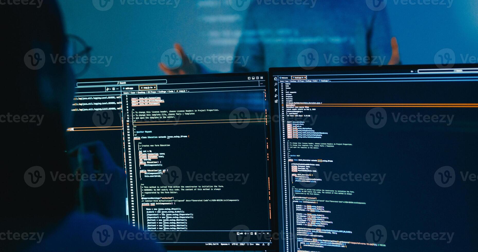 Asia male software developers mentor leader manager talk strategy plan to executive write prompt AI bot IT app program nomad, game, data center. Projecting slideshow code photo