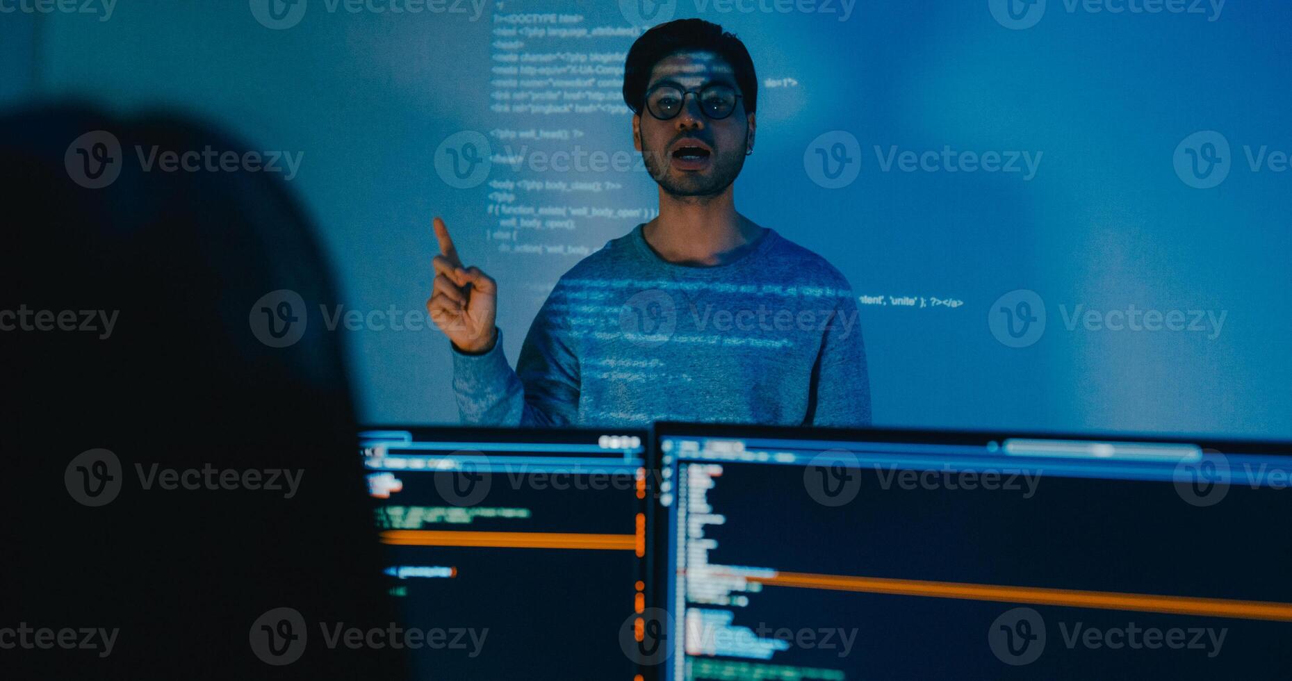 Group Asia male software developers mentor leader manager talk strategy plan to executive write prompt AI bot IT app program nomad, game, designer, data center. Projecting slideshow code photo