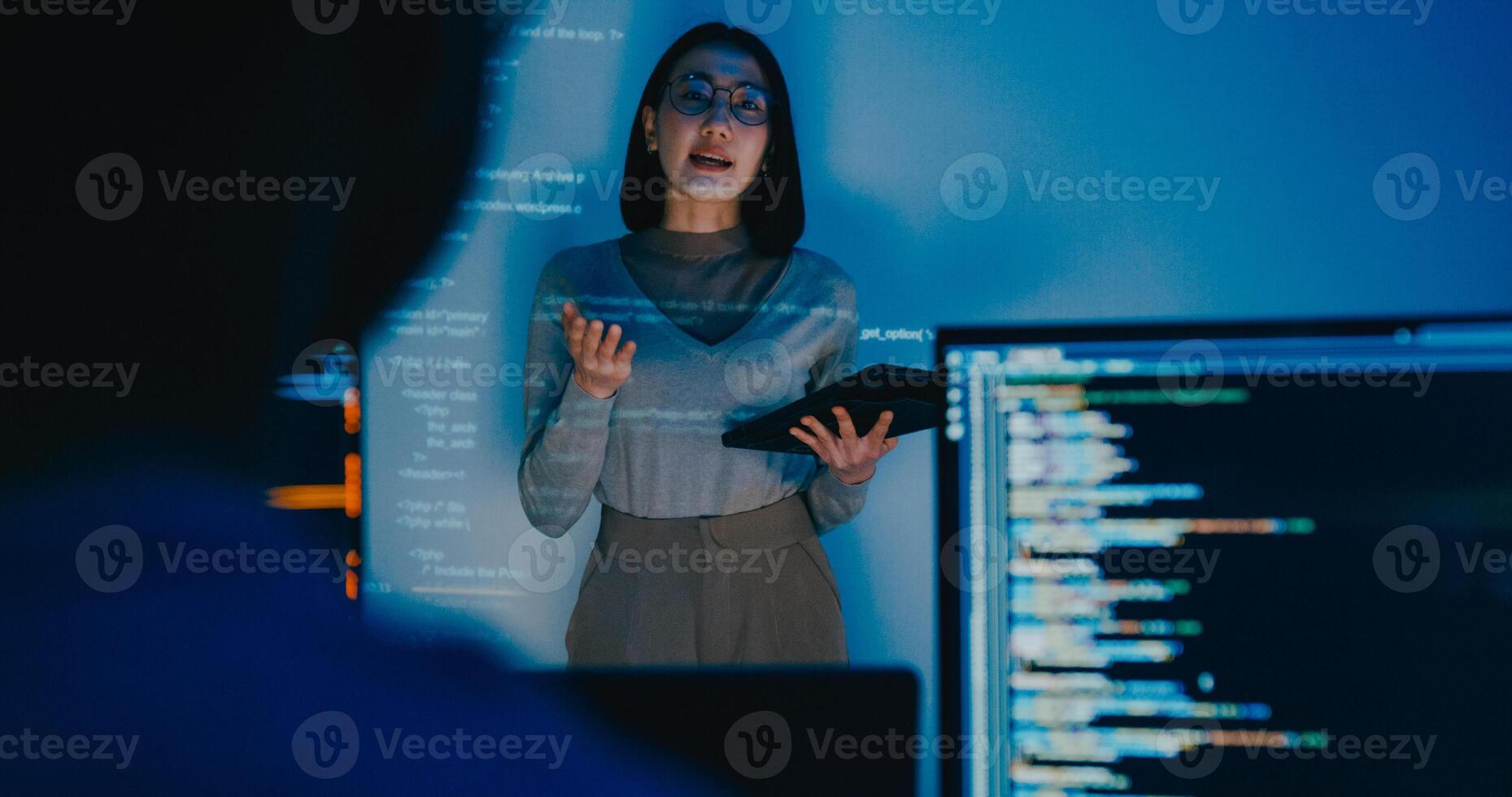 Group Asia female software developer mentor leader manager talk strategy plan to executive write prompt AI bot IT app program nomad, game, designer, data center. Projecting slideshow code photo